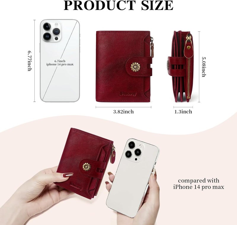 Blucoay Wallet Women,RFID Blocking Real Leather Womens Wallet Bifold Compact Card Holder Small Wallet for Women with Removable ID Window Red - Image 4